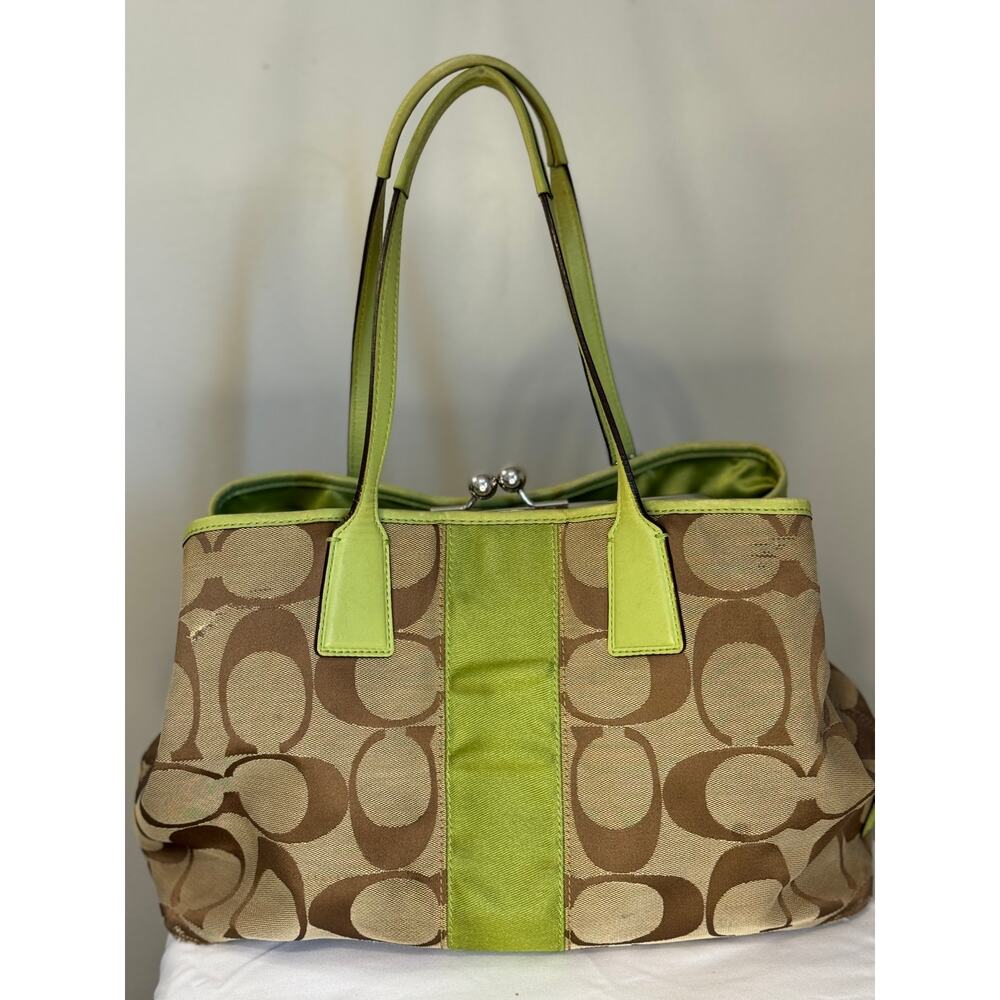 Coach Authenticated Signature Green Stripe Carryall Purse Handbag F13533